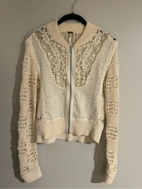 Free People Crochet Lace Bomber Jacket | Boho Festival Cottagecore - Size S